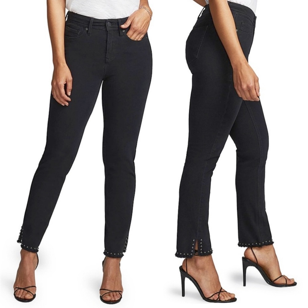 NYDJ Curves 360 Black Studded Slim Ankle Length Raw Hem Jeans
